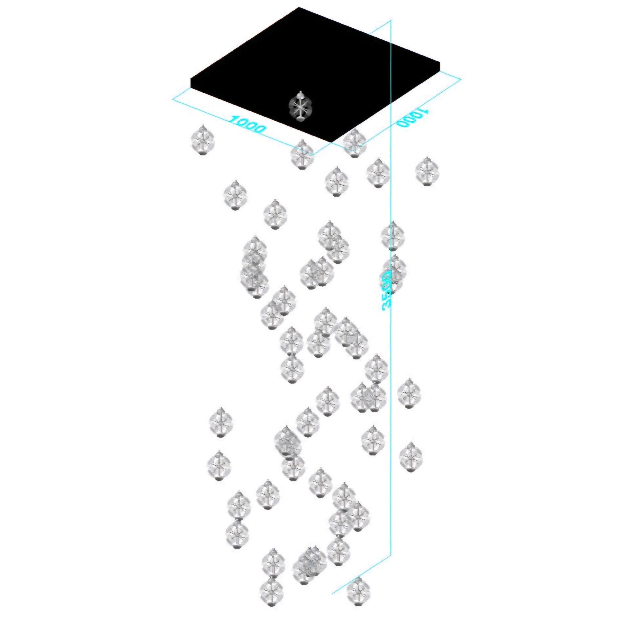 Bộ đèn chùm thông tầng TH540, mâm  inox gương trắng, gồm 55 quả thả tự do tích hợp led, mâm hình vuông  KT(mm): 1000 x 1000 x 3500